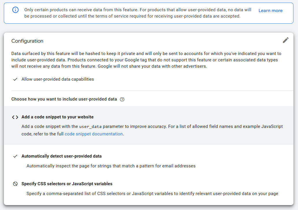 Snapshot of Google Ads configuration